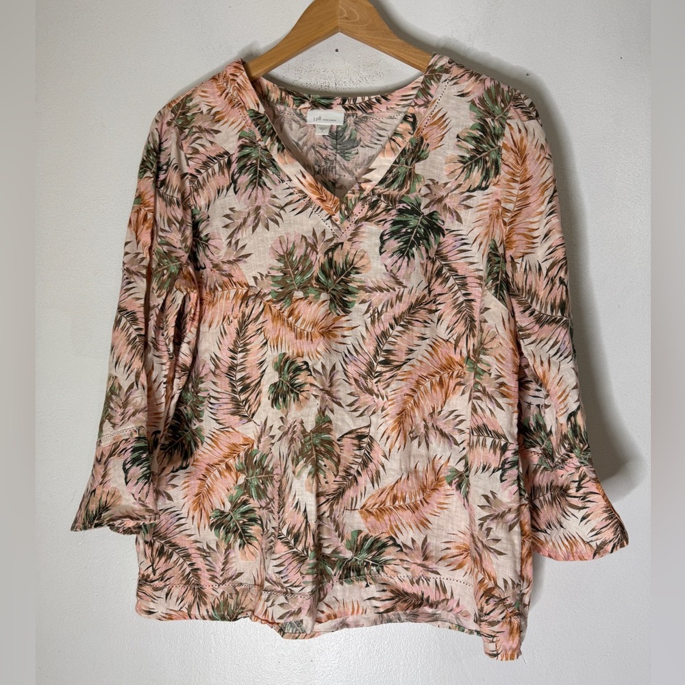 J. Jill Love Linen Pink Tropical Floral Bell 3/4 Sleeve Blouse Peasant Top Sz S